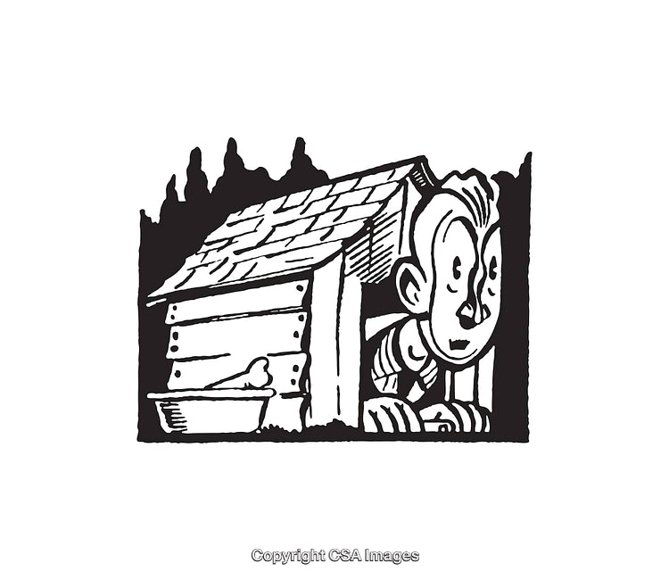 Black and White Illustration of a Man in a Rustic Outdoor Setting
