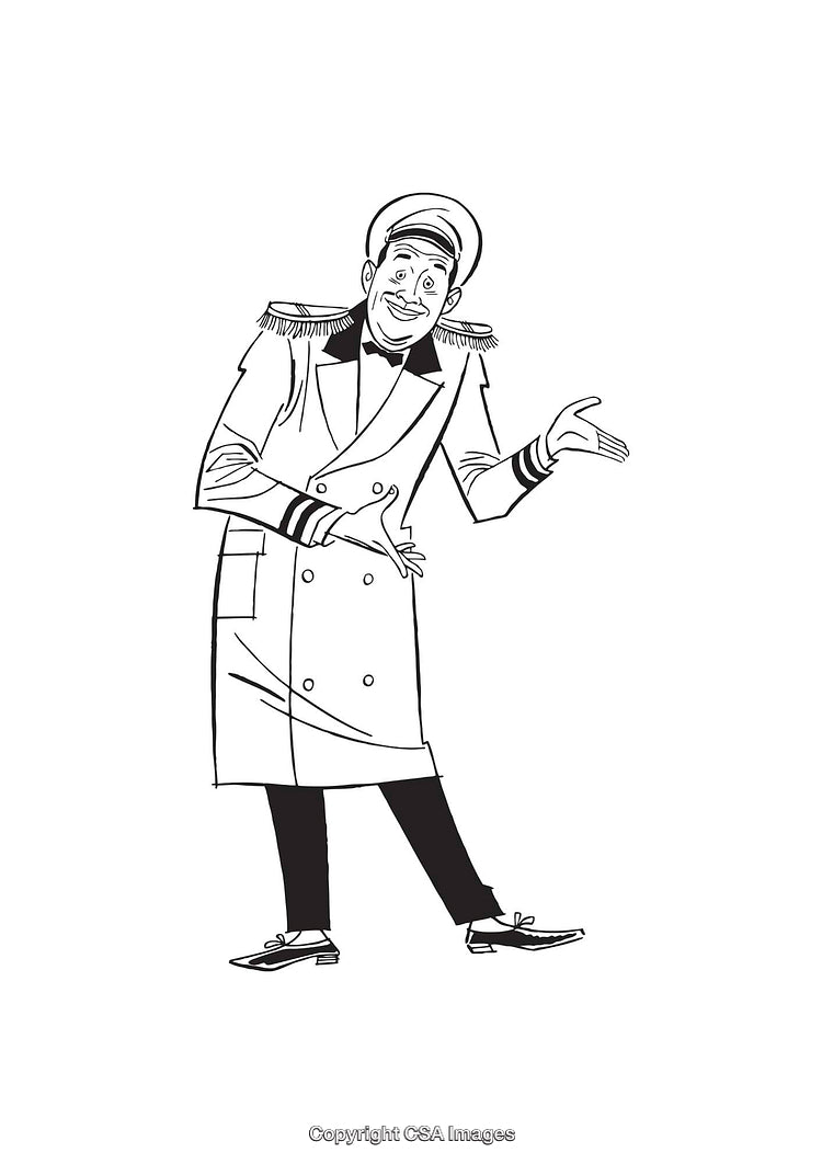 Black and White Line Art Drawing of a Person in Uniform Gesturing