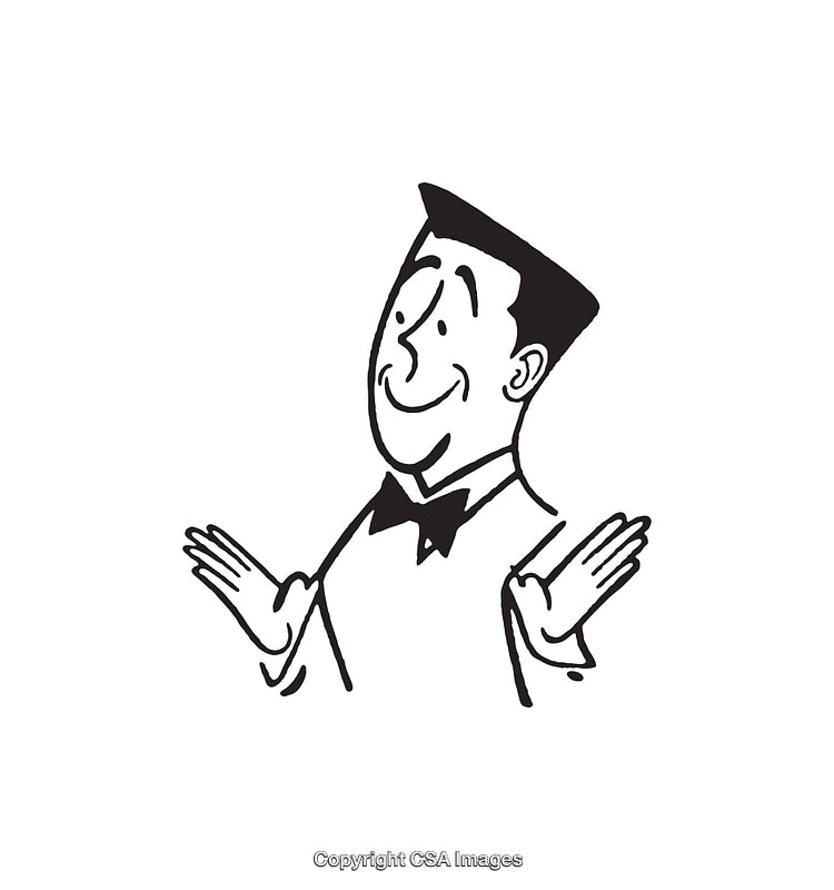 Vintage Black and White Line Art Illustration of a Smiling Character with Hands
