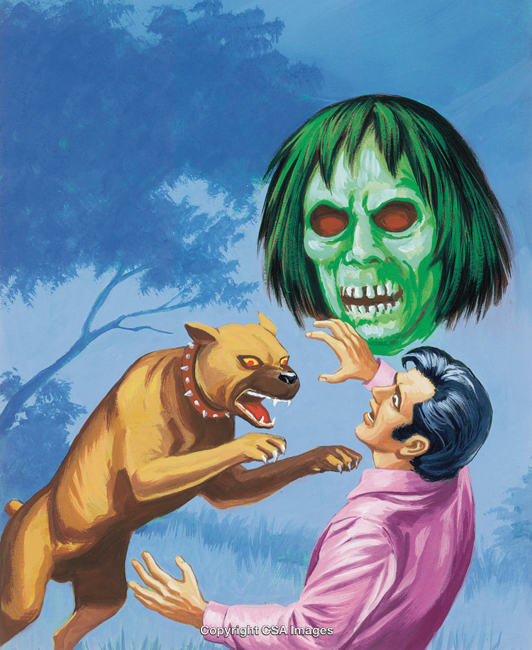 Man Startled by Ghostly Face and Fierce Dog in Outdoor Scene