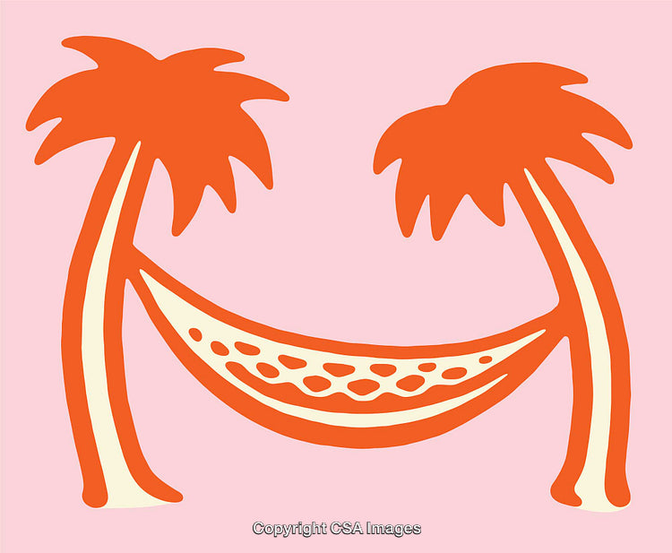 Colorful Illustration of Tropical Hammock Between Palm Trees on a Pink Background