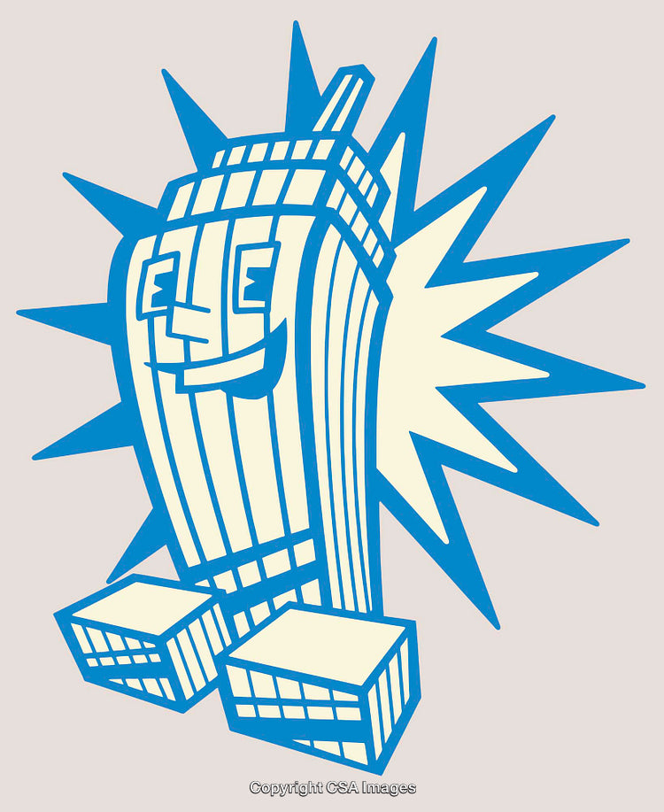 Cartoon Skyscraper Character in Vibrant Blue Line Art Illustration