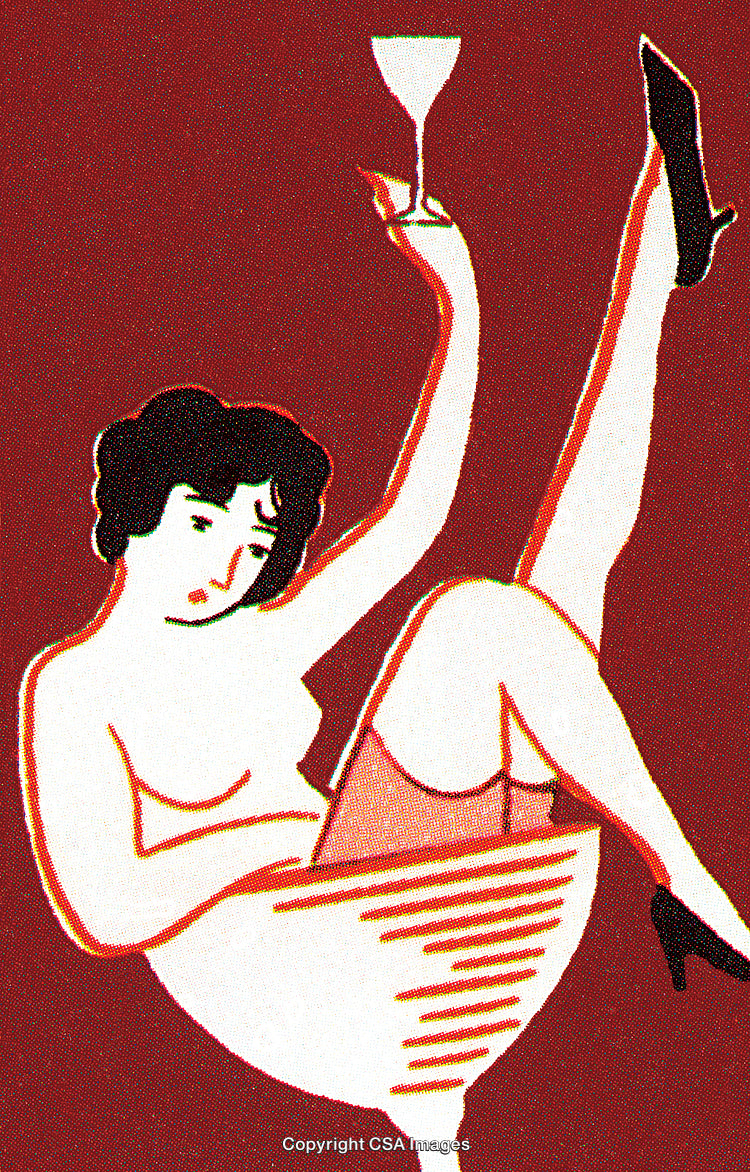 Vintage Illustration of a Woman in a Cocktail Glass Holding a Drink