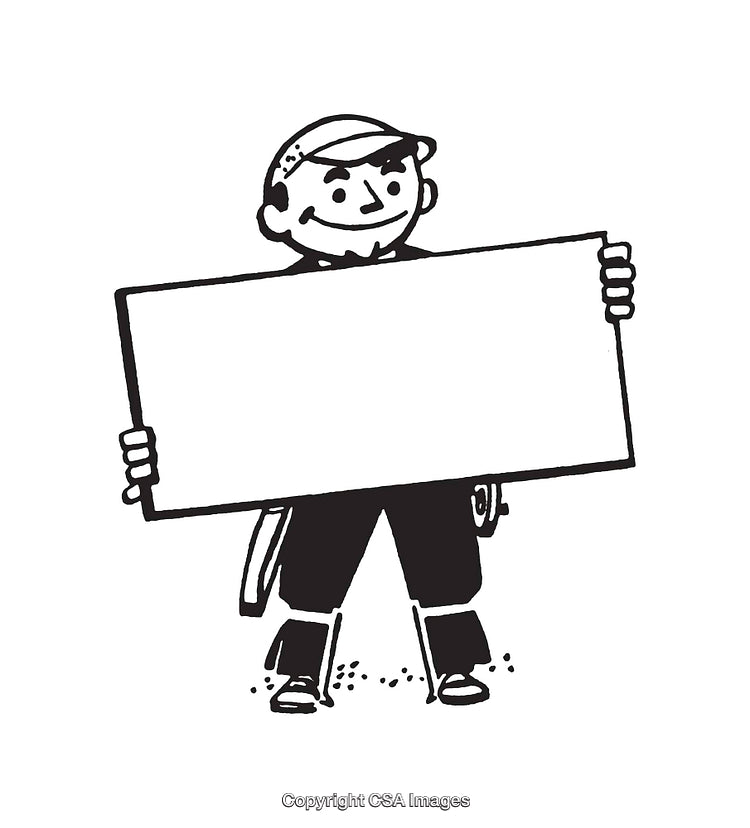 Black and White Cartoon of Smiling Character Holding Blank Sign