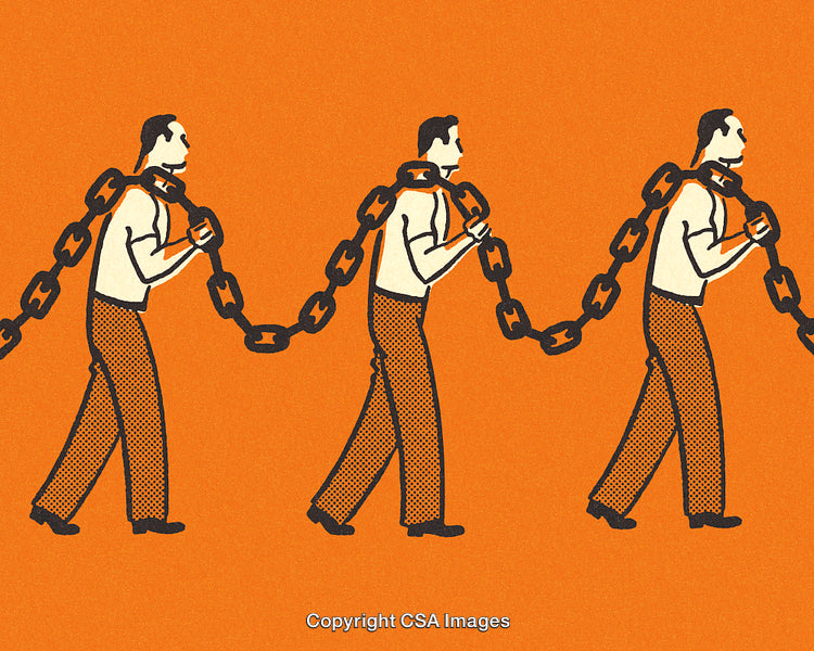 Illustration of Workers Bound by Chains Reflecting Control and Restraint