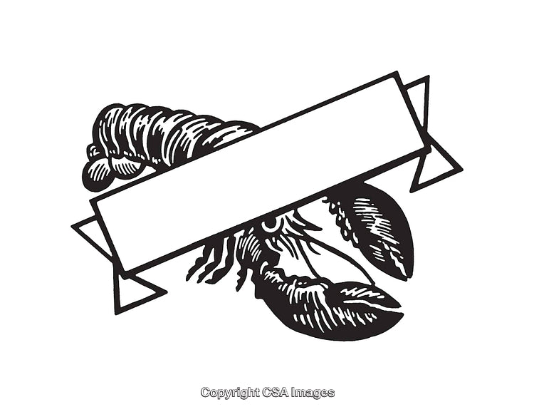 Black and White Lobster Line Art with Blank Ribbon Banner