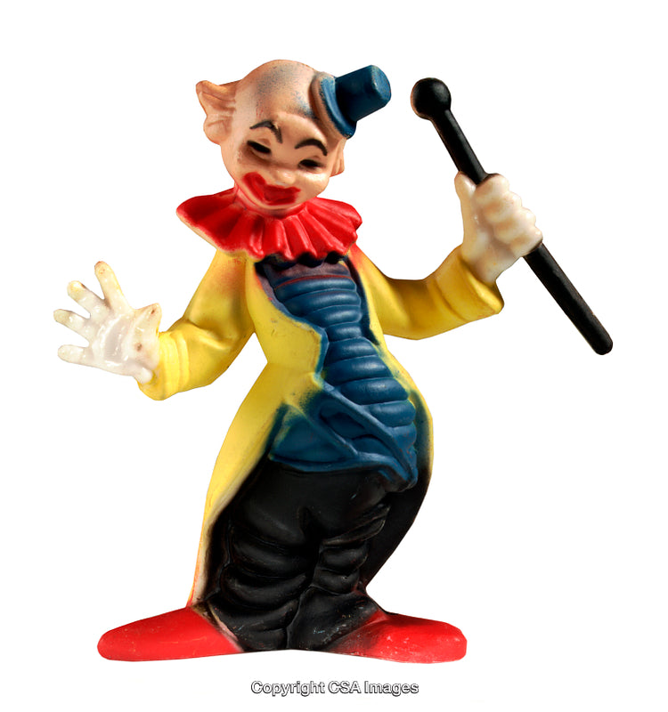 Colorful Plastic Clown Figure Holding a Cane with a Playful Expression