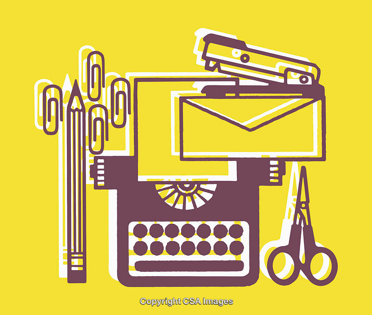 Colorful Line Art Illustration of Vintage Office Supplies on Yellow Background