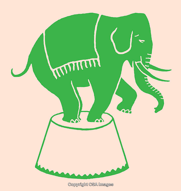 Green Elephant Standing on Pedestal in Artistic Line Art Illustration