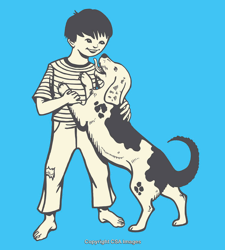 Child Playing With Dog In Illustration Style Art On Blue Background