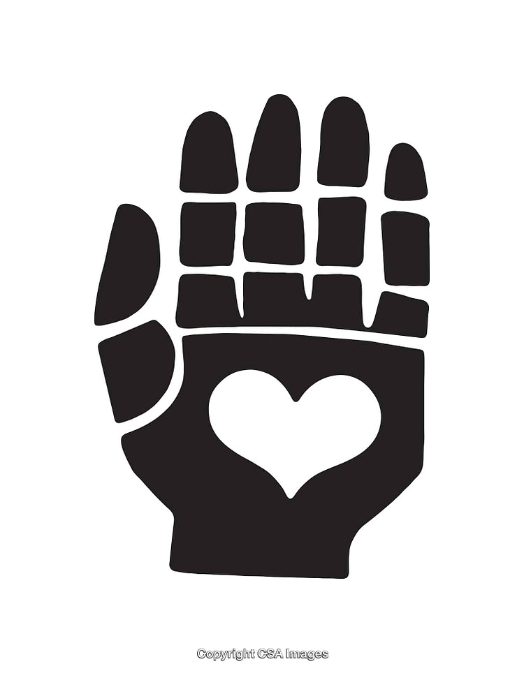 Black and White Hand Icon with Heart Symbol in Center