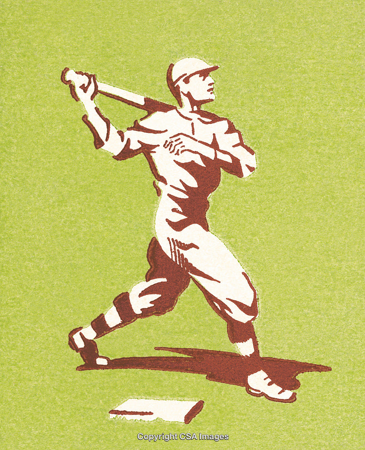 Vintage Baseball Illustration Featuring Player Swinging Bat on Textured Background