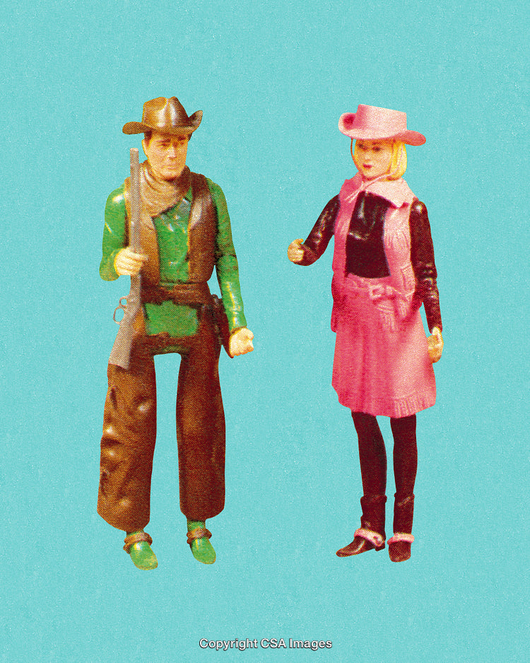 Vintage Cowboy and Cowgirl Figurines on a Vibrant Retro Background