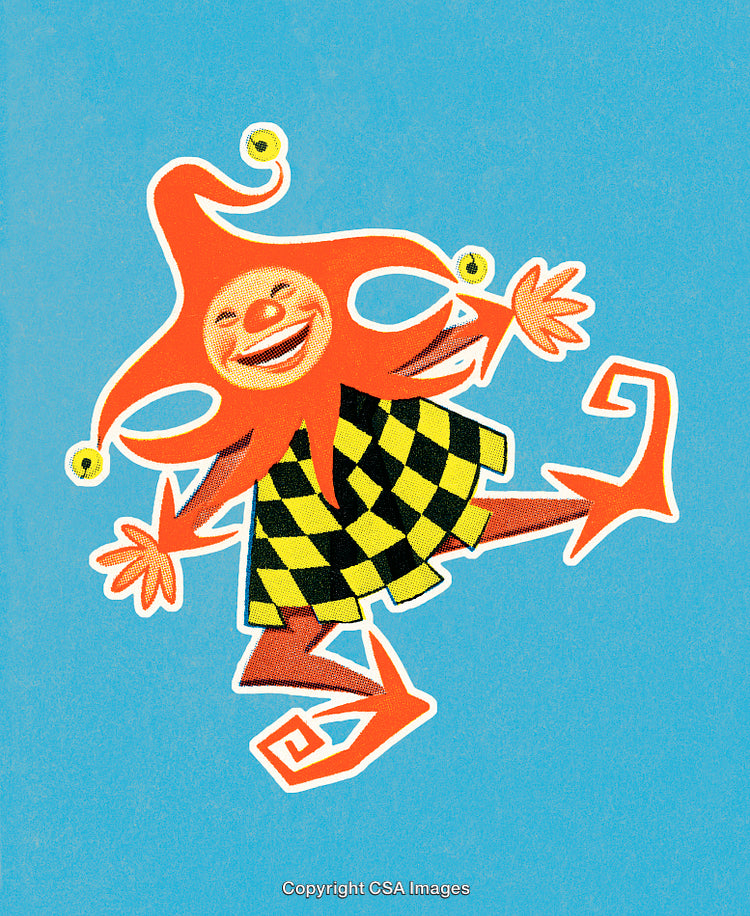 Colorful Cartoon Jester Dancing Cheerfully on Vibrant Blue Background