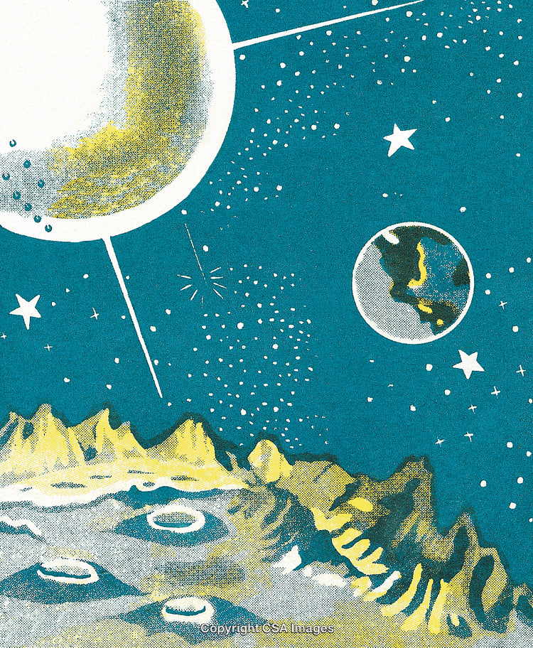 Surreal Space Illustration Depicting Stars, Planets, and Surface With Craters