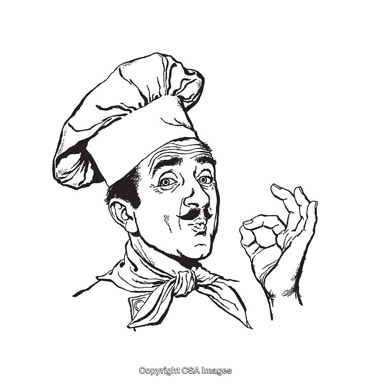 Black and White Illustration of a Chef in Cooking Gesture with Hat