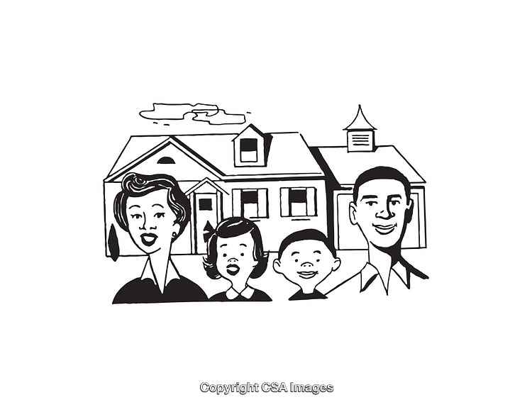 Illustration of a Happy Family Standing in Front of Their Home