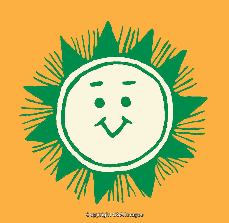 Cheerful Sun Illustration With Radiant Green Rays on Vibrant Orange Background