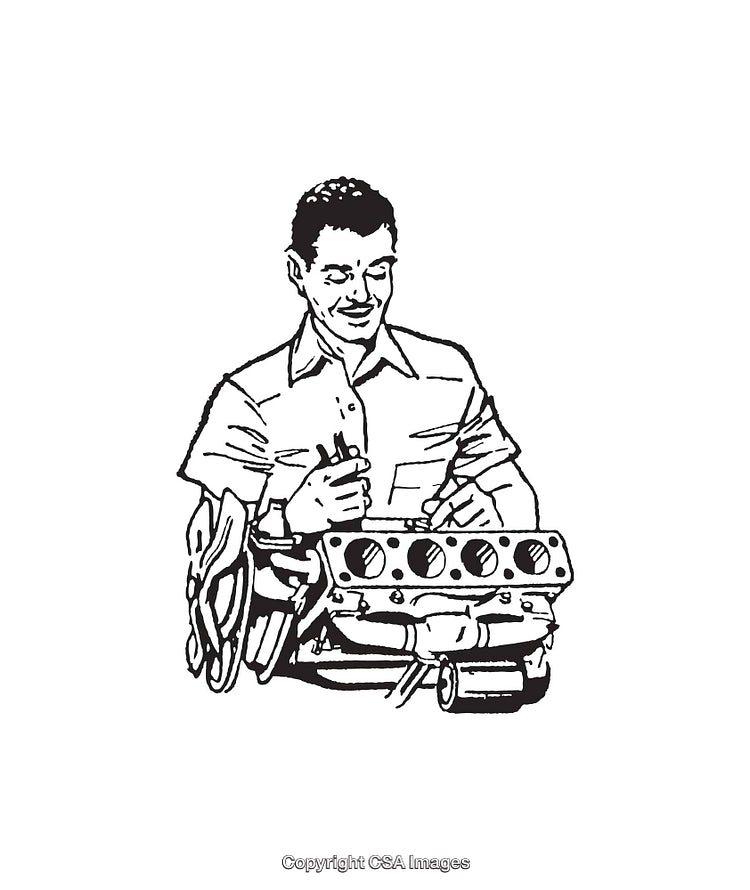 Vintage Black and White Illustration of a Mechanic Working on Engine