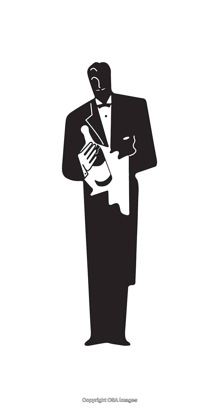 Silhouette of a Waiter Holding a Bottle in Black and White Art