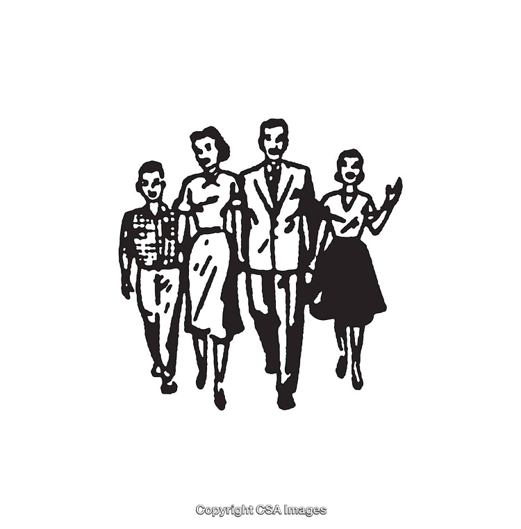 Retro Black-and-White Family Line Art Illustration Depicting Walking Scene