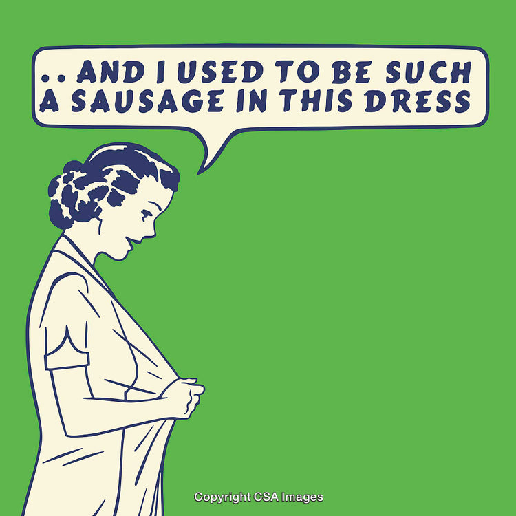 Retro Illustration of a Woman Admiring Loose-Fitting Dress