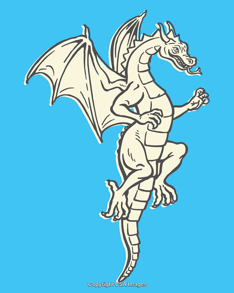 Vintage Line Art Illustration of a Dragon on a Blue Background