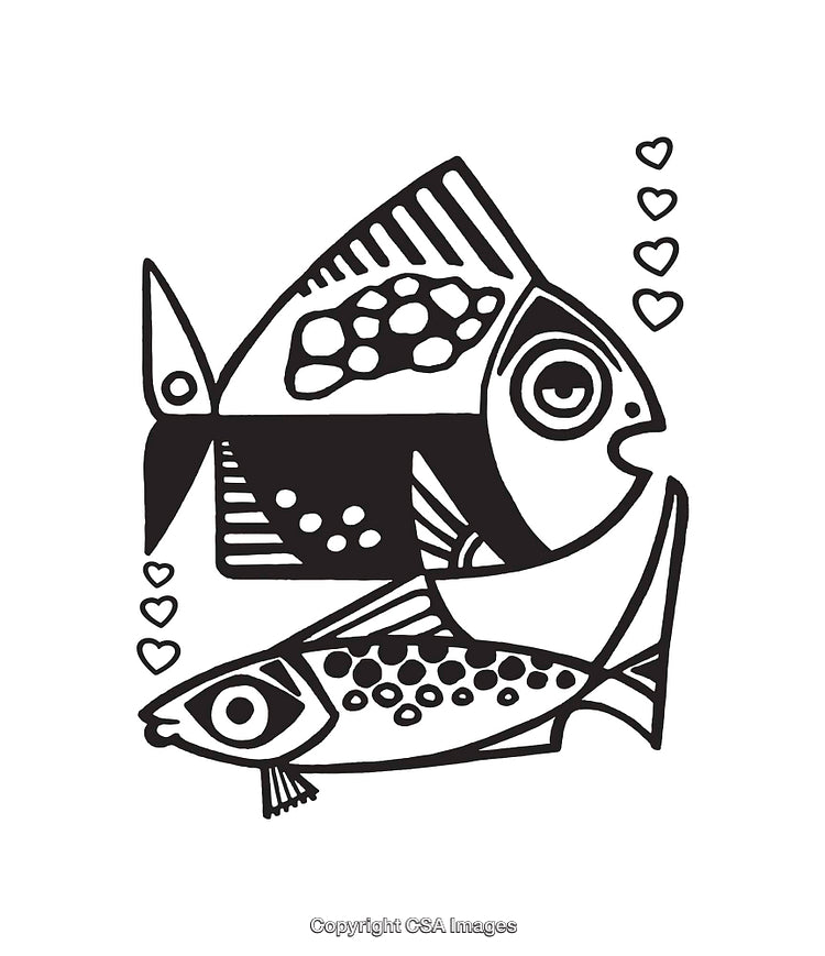 Black and White Line Art Featuring Two Fish and Heart Patterns