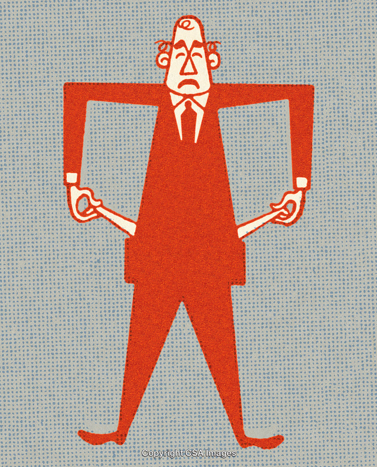 Illustration of a Middle-Aged Man Displaying Empty Pockets in a Stylized Design