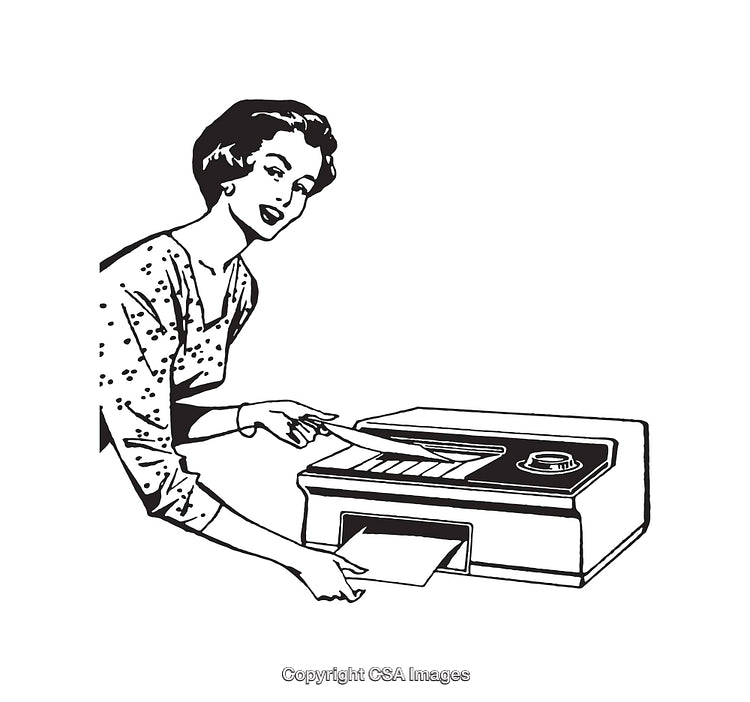 Vintage Black and White Illustration of a Woman Using a Printer