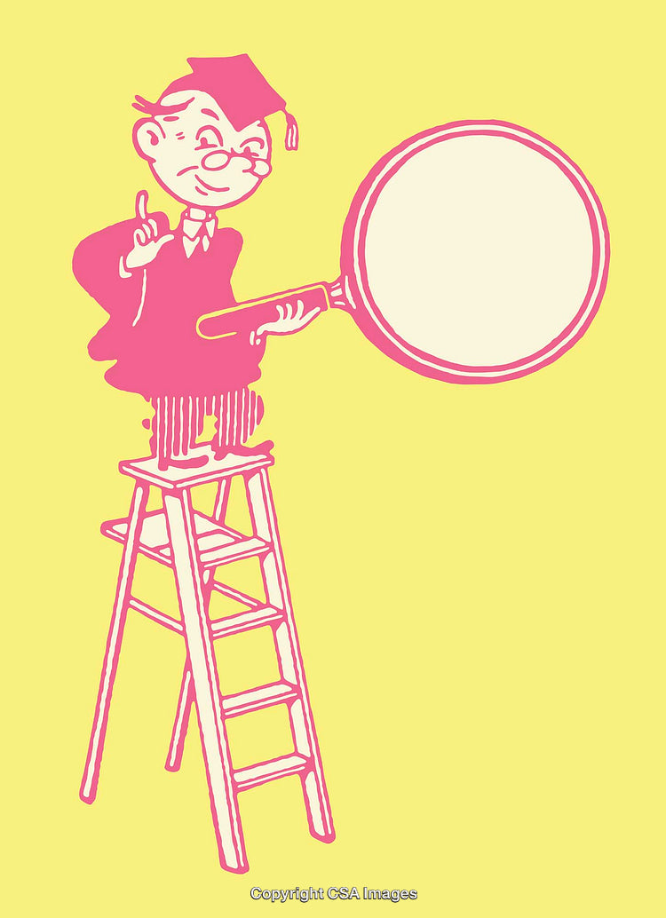 Educational Cartoon Character Holding a Magnifying Glass on Ladder