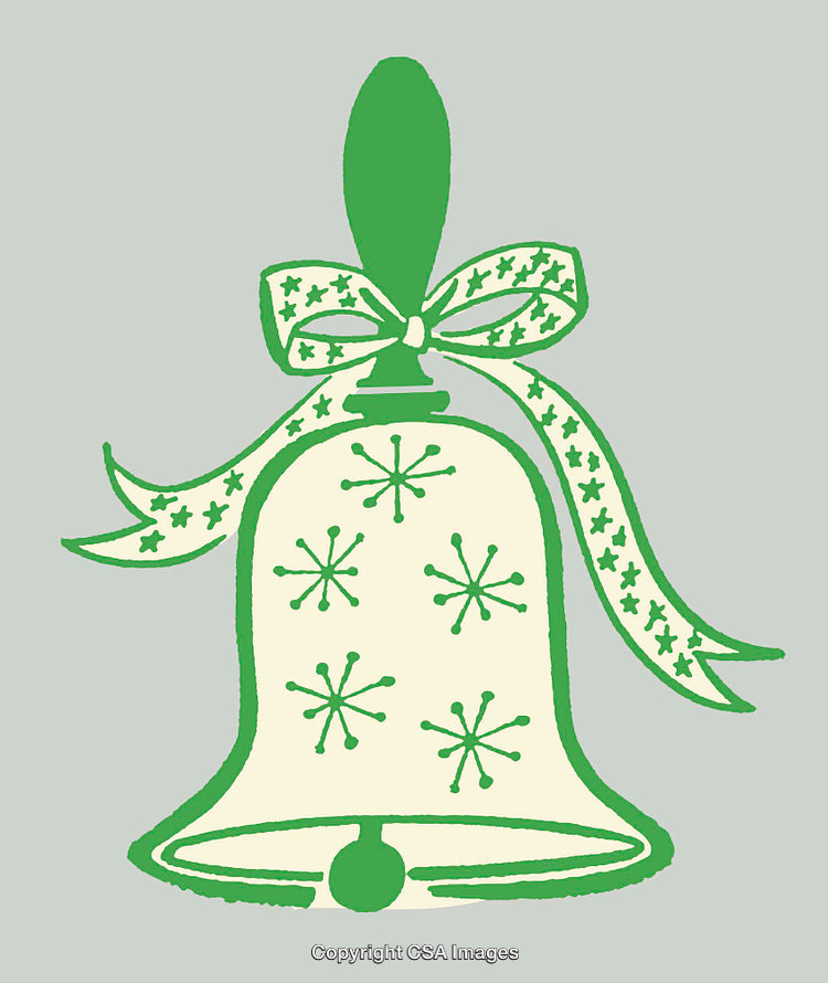 Green and White Holiday Bell with Festive Ribbon and Cheerful Motif
