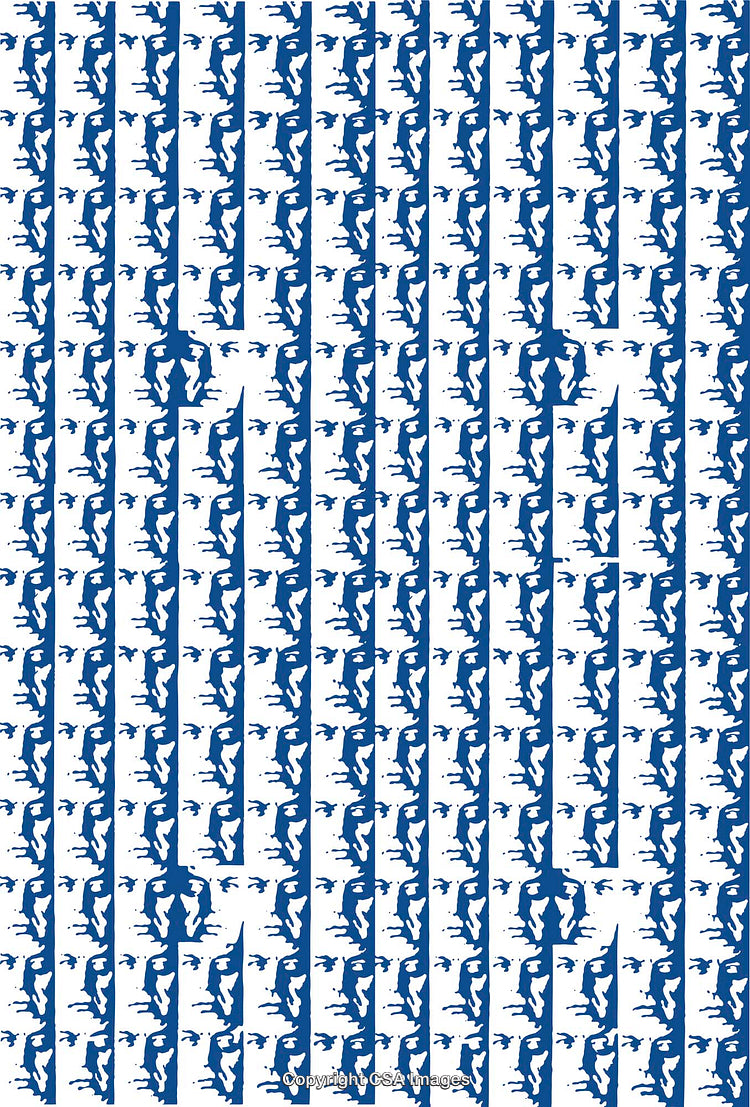 Monochromatic Blue and White Pattern with Abstract Faces