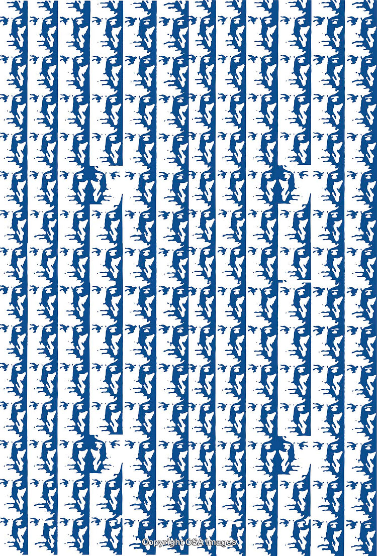 Monochromatic Blue and White Pattern with Abstract Faces