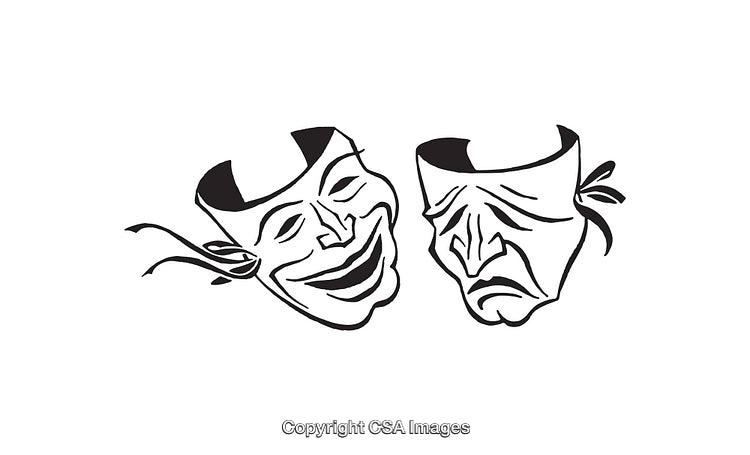 Black and White Theater Masks Line Art Depicting Comedy and Tragedy