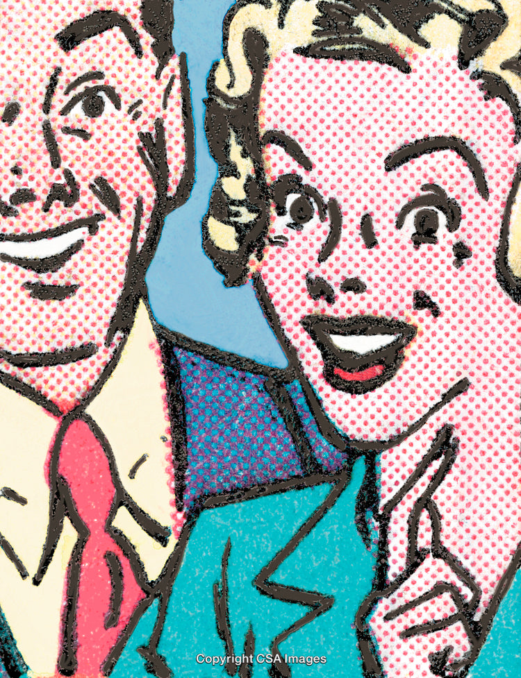 Retro Pop Art Illustration of Smiling Characters in Vibrant Comic Style