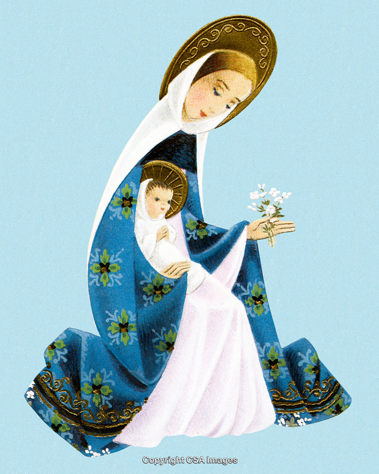 Illustrated Depiction of Mother and Child with Floral Blue Robes and Halo