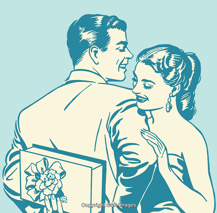 Retro Style Illustration of a Romantic Couple with a Gift Box