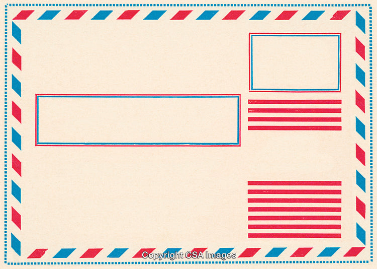 Vintage Airmail Envelope with Retro Design and Red-Blue Border on Beige Background