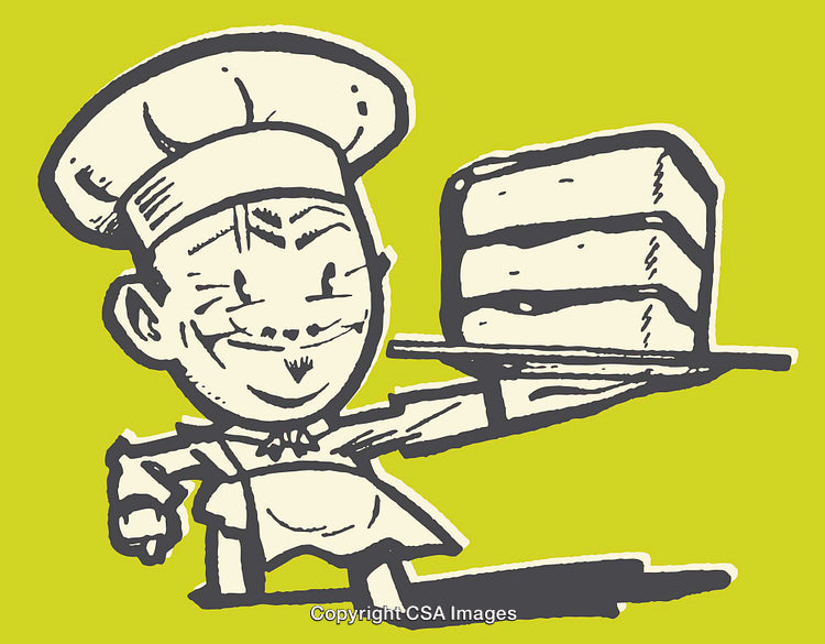 Cartoon Illustration of a Chef Holding a Cake on Tray