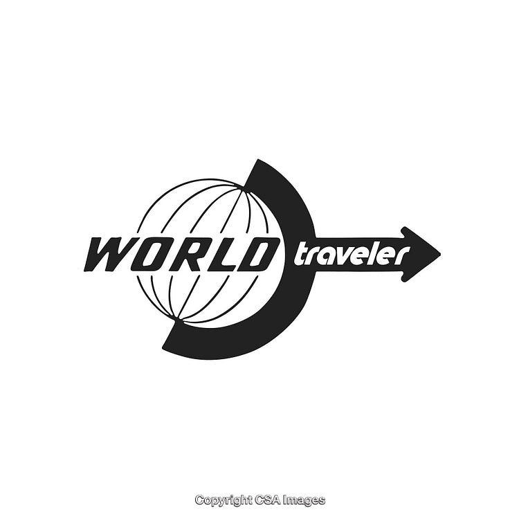 Black and White Logo with World Globe and Arrow Design Elements