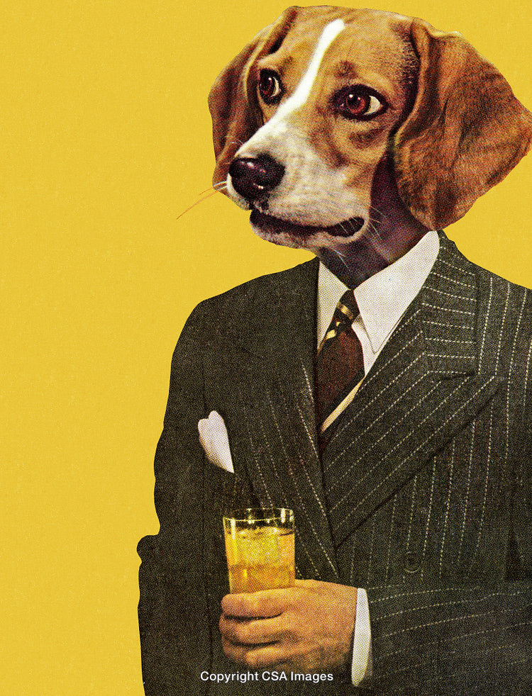 Stylized Anthropomorphic Dog in Suit Holding a Drink with Yellow Background