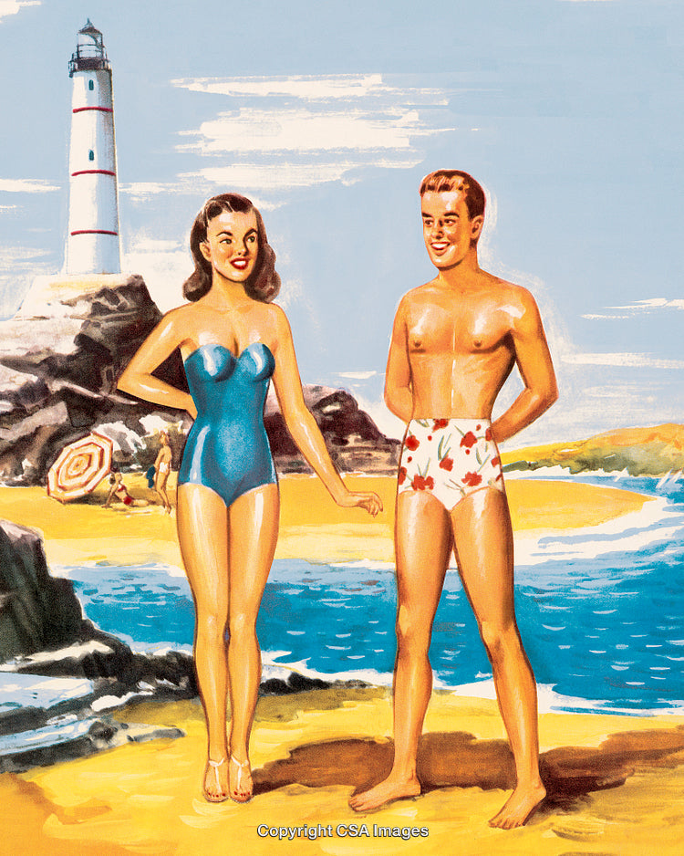 Vintage Beach Scene with Lighthouse and Stylish Swimwear