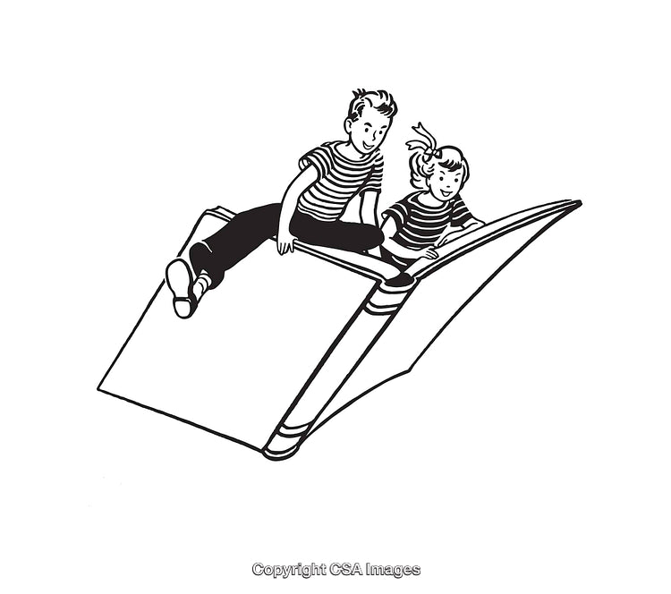 Black and White Kids Riding a Giant Book Illustration