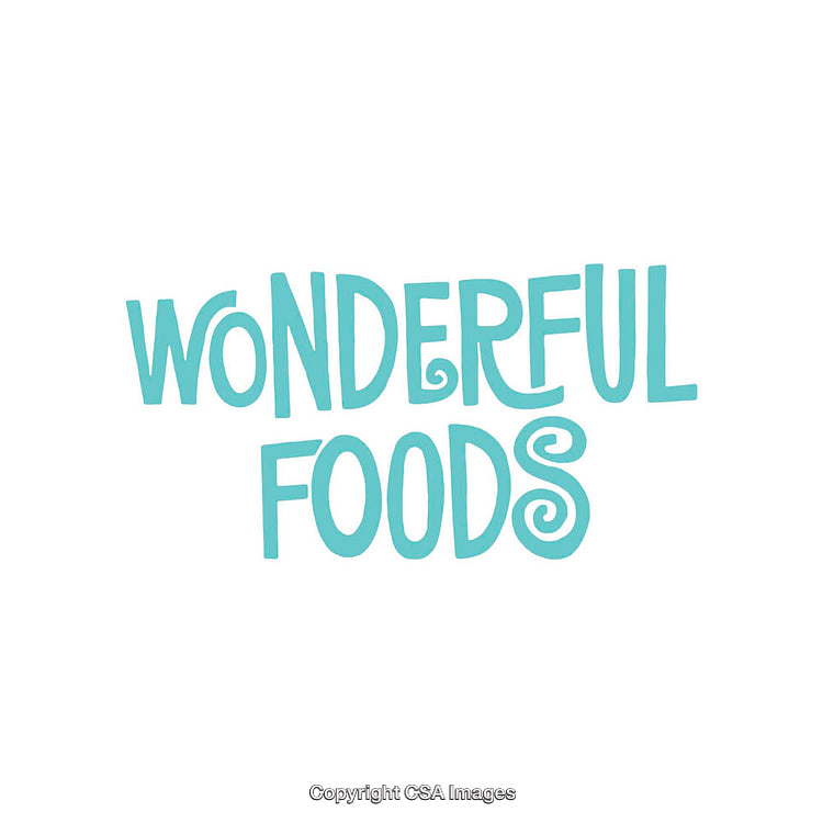 Playful Typography Saying 'Wonderful Foods' With Fun Swirls and Aqua Text