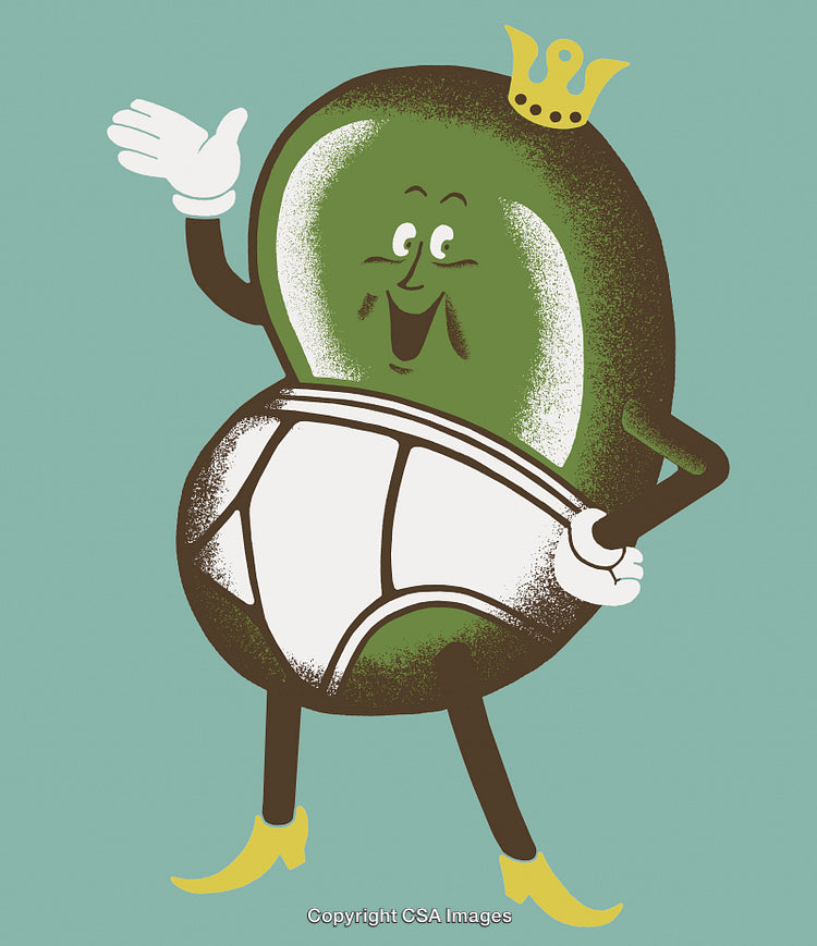 Cheerful Anthropomorphic Pickle Character Wearing Crown and Underwear Cartoon Art
