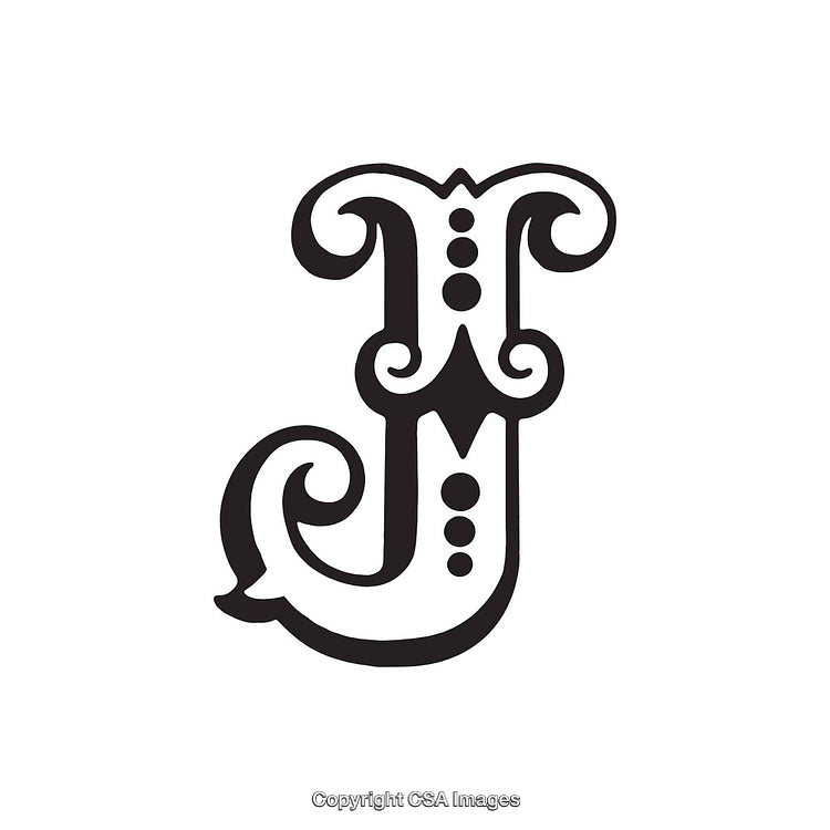 Stylized Ornamental Letter J with Decorative Flourishes and Dots