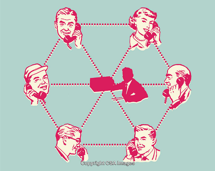 Retro Illustration of People on Telephones Representing Communication and Networking