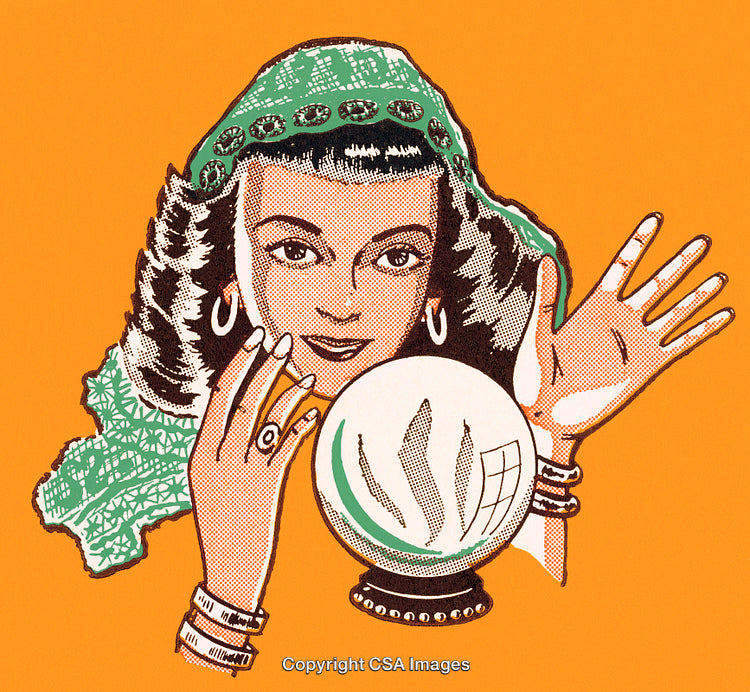 Fortune Teller with Crystal Ball and Mystical Aura in Vintage Style Artwork