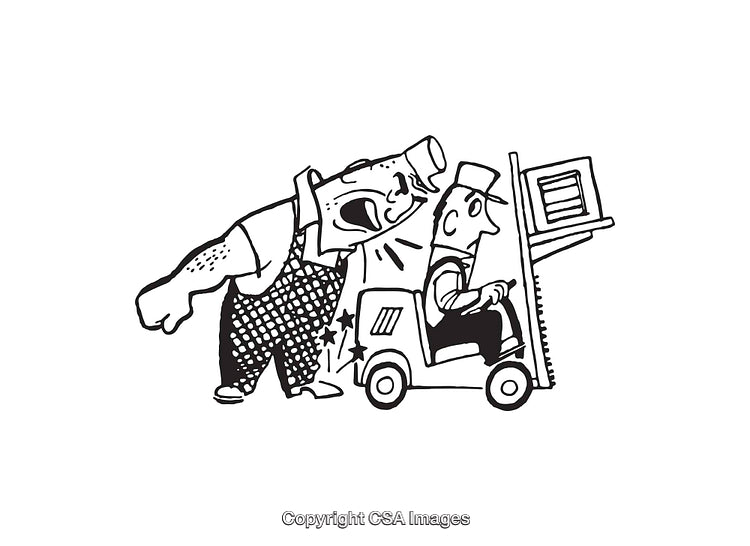 Humorous Black and White Forklift Cartoon Illustration Showing Frustration
